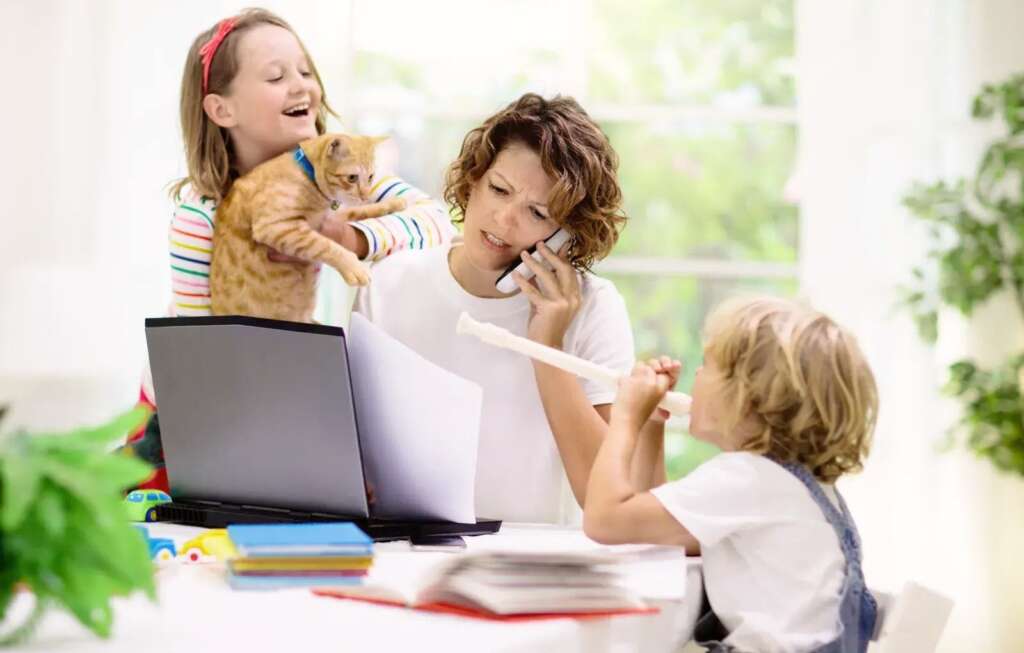 children are playing while mother is busy in work